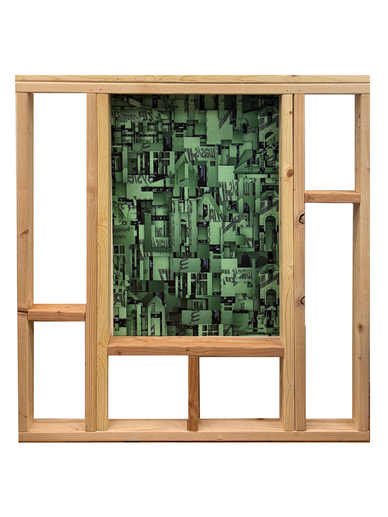 Built stud frame with printed Zip System collage inset