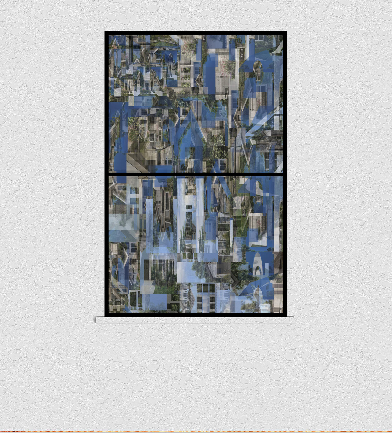 Finished drywalled wall with a window-like cutout revealing a blue-toned suburban collage