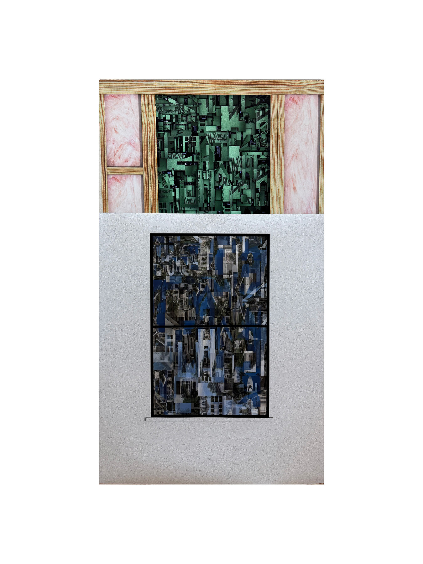 Process sheet comparing framed detail to drywalled wall with blue collage window