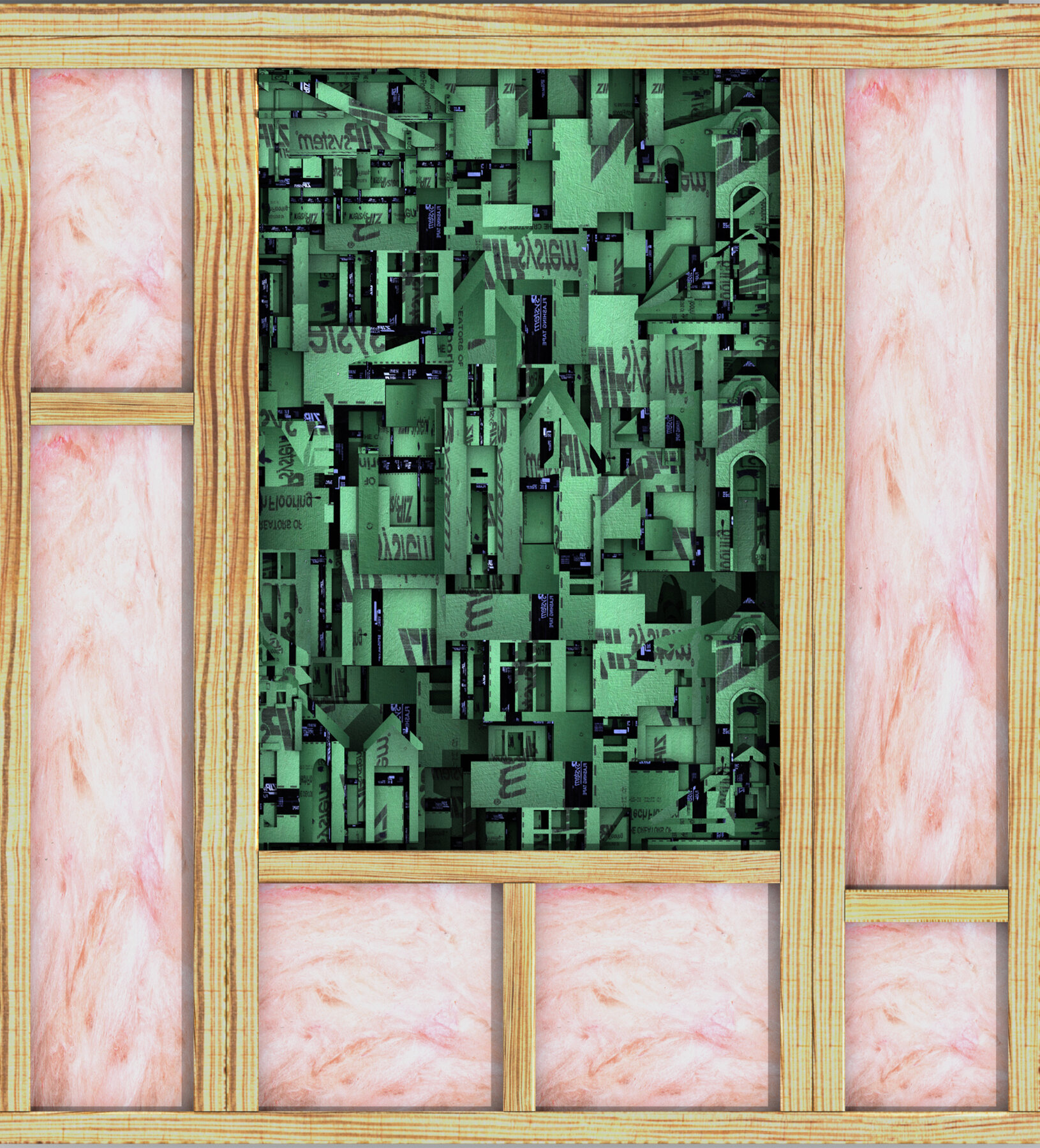 Detail of framed wall with pink insulation and green Zip System collage